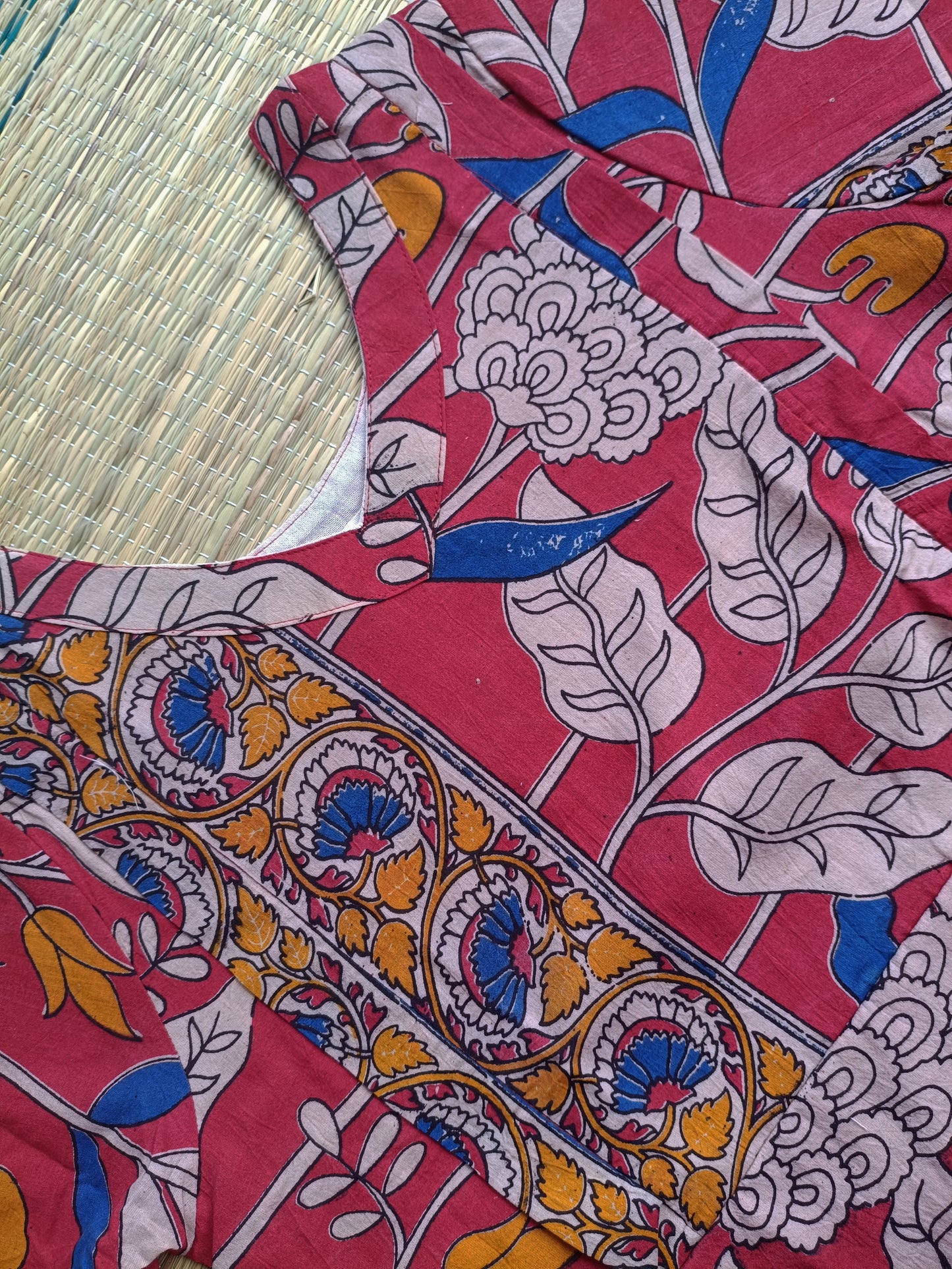 Block printed kalamkari cotton Maternity 2 pc chudidhar set [ Top with double side zip, and dupatta - Red Flower