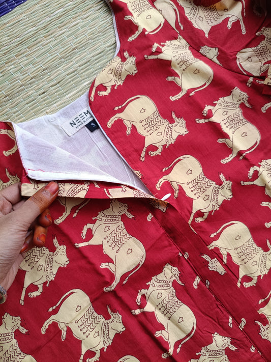 Raw Silk Center zip Cotton   Normal /Feeding kurti -  Red  pichwai