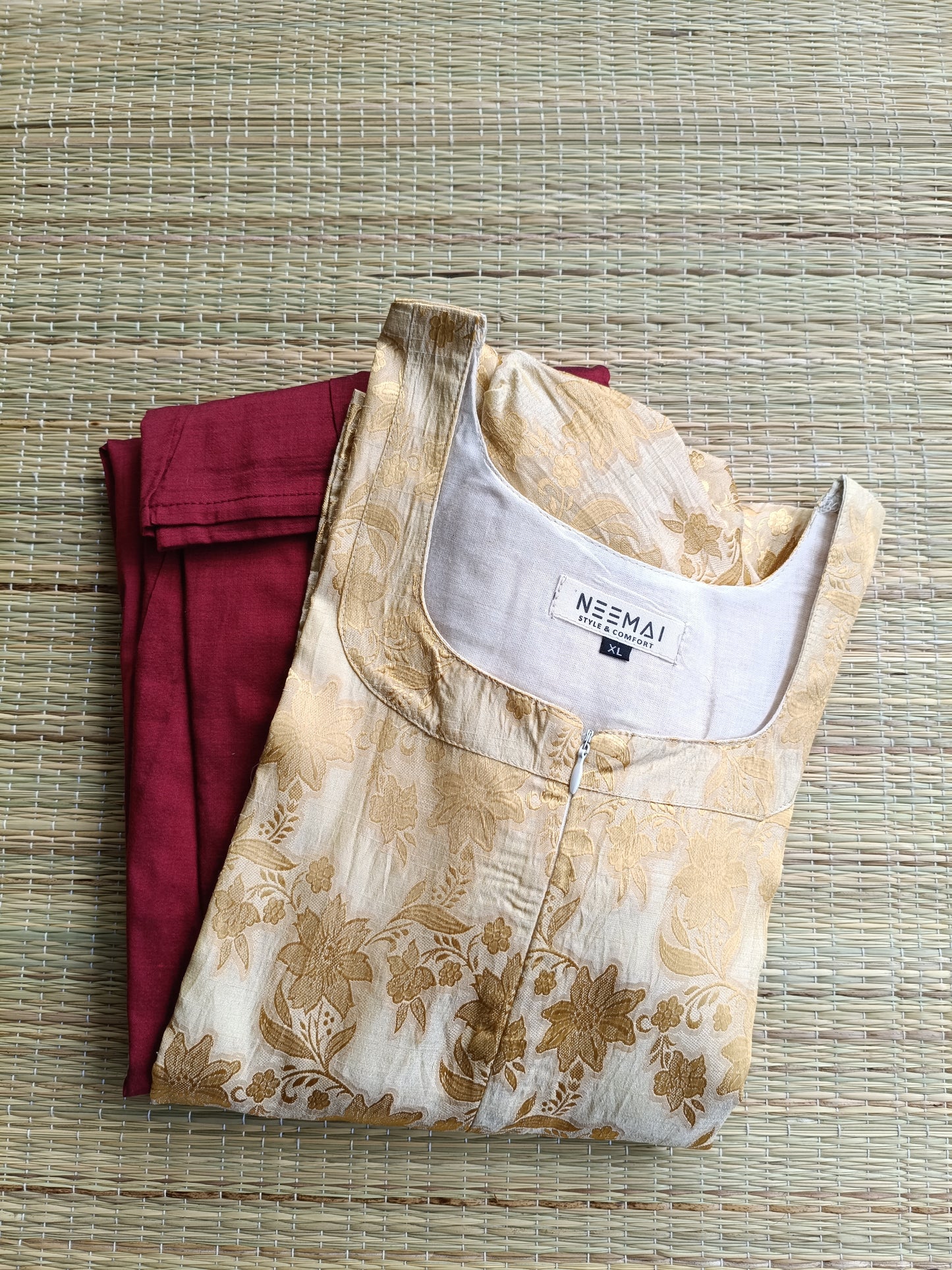 Raw silk Maternity Maxi/Gown in center zip - Festival Collection- Full cotton lining - Gold  with maroon