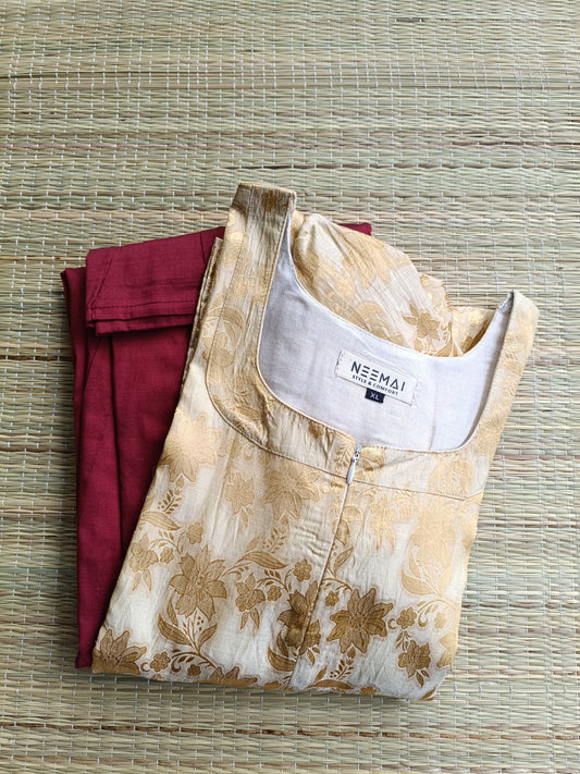 Raw silk Maternity Maxi/Gown in center zip - Festival Collection- Full cotton lining - Gold  with maroon