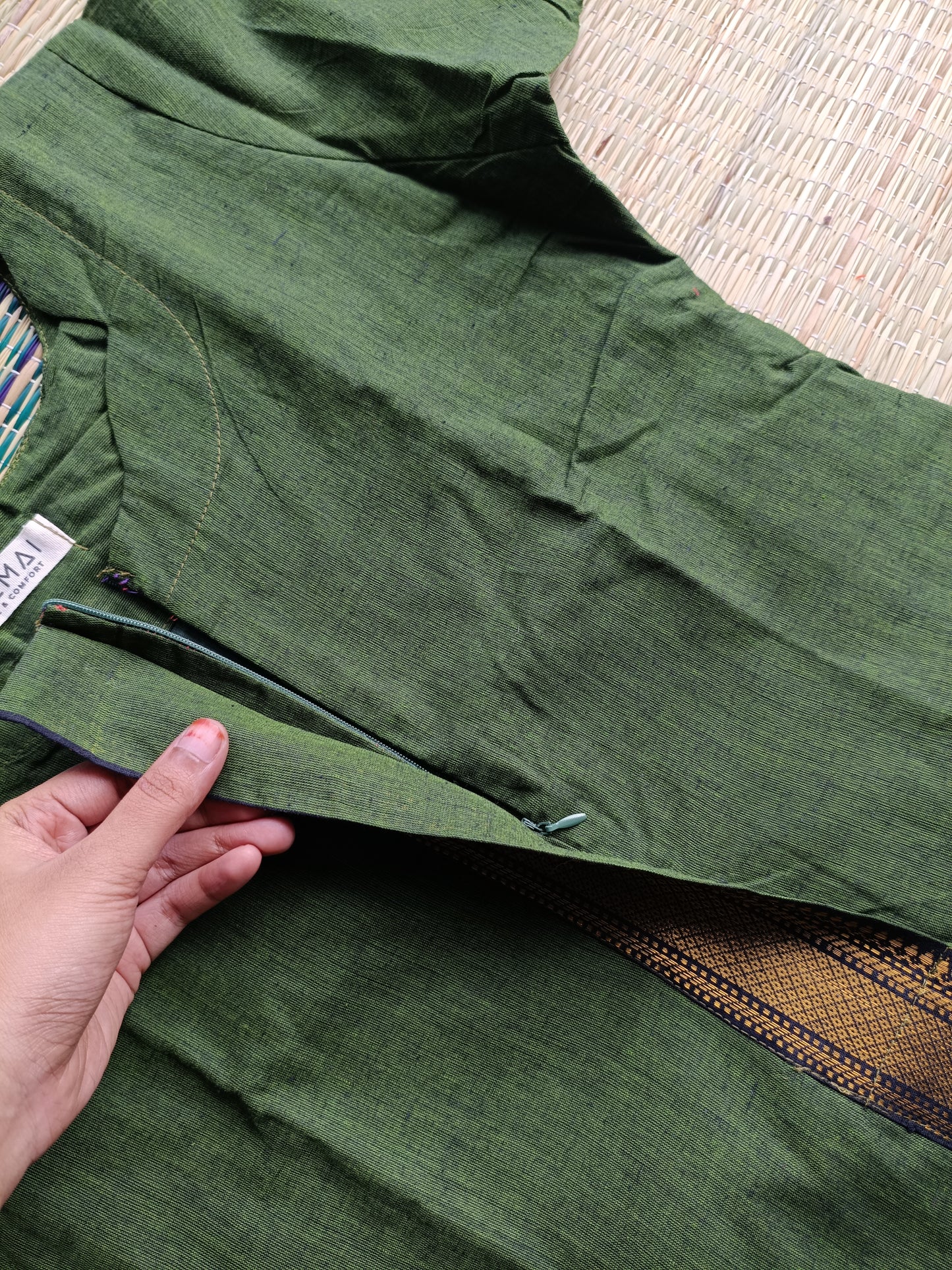 Handloom Chettinadu cotton Maternity 3 pc chudidhar set [ Top with center zip, pant and dupatta] -  Olive green