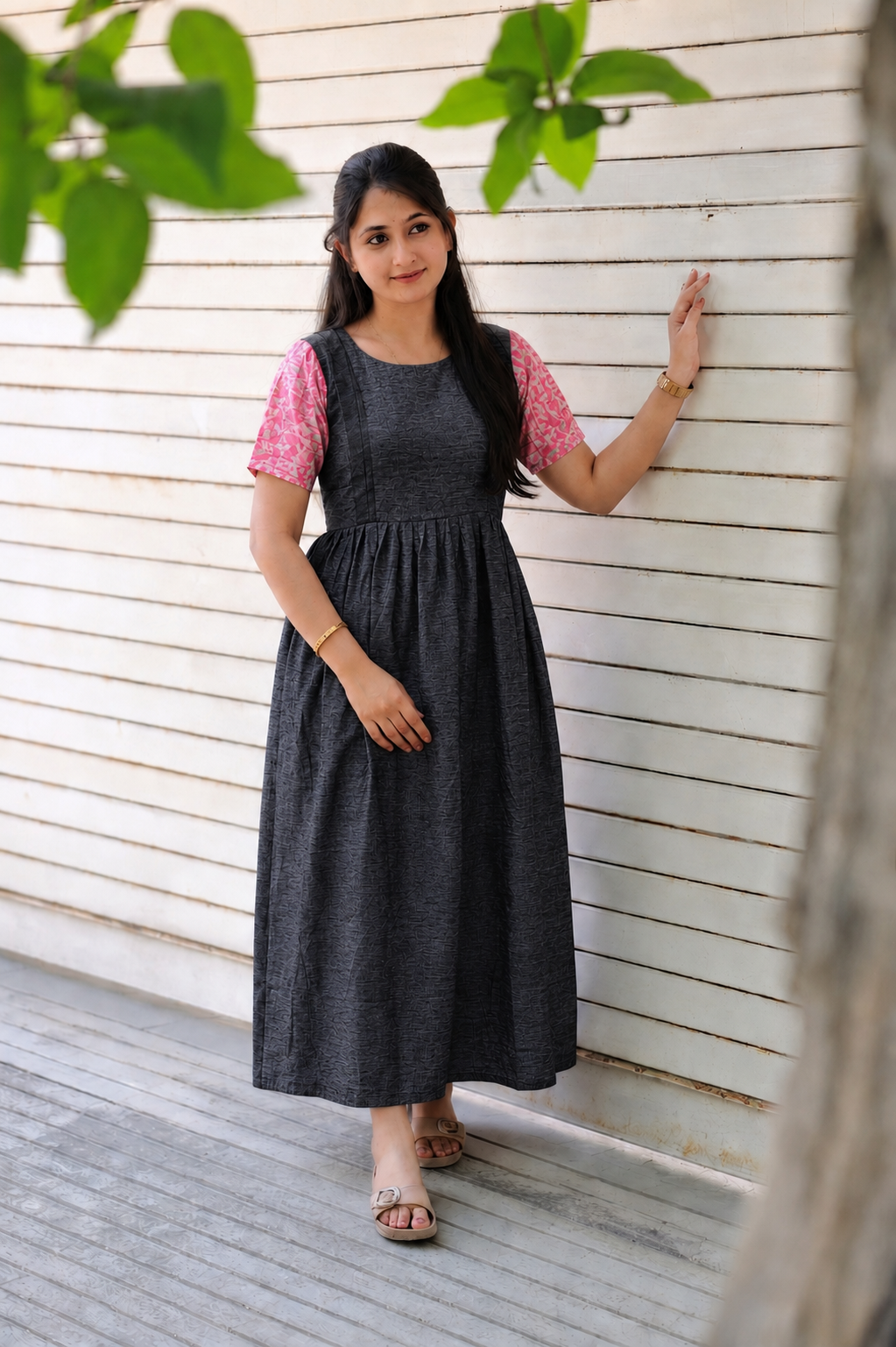 Kadhi silk - Double side zip  Maternity Maxi/Gown - Festival Collection - Navy stripe