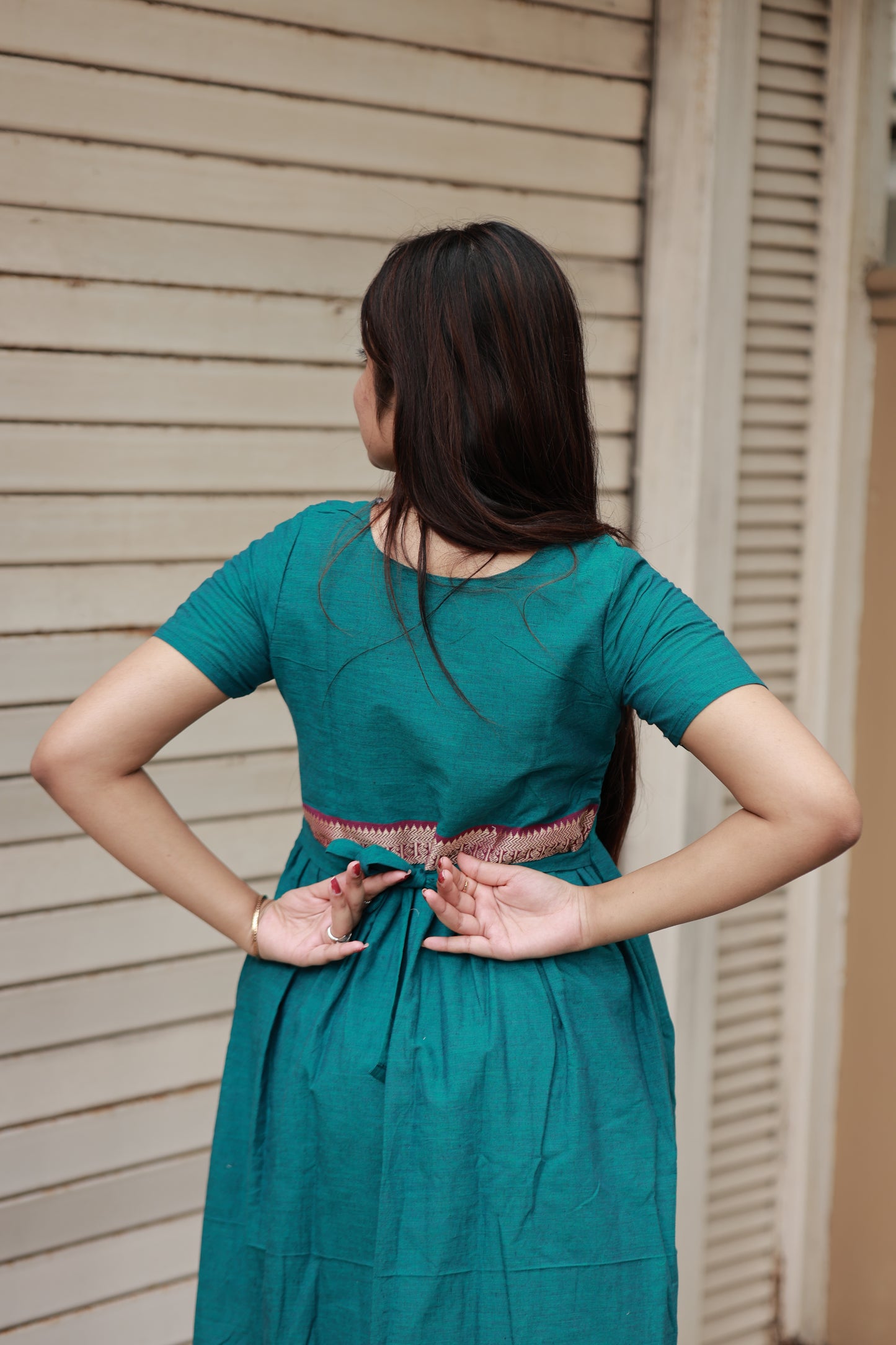 Handloom cotton - Maternity / Feeding - Maxi/Gown -Full Cotton Lining - Double side Zips - Peacock Green