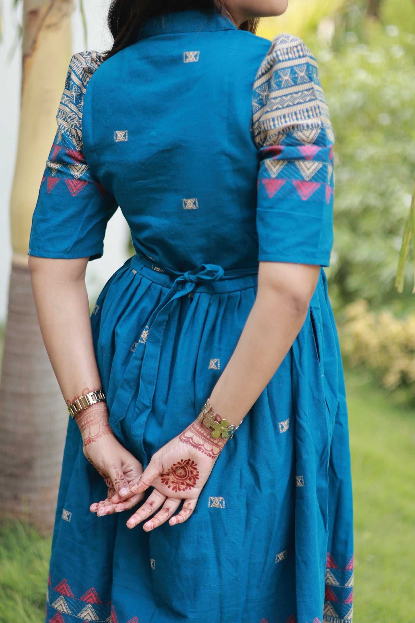 Handloom Jamdani - Maternity / Feeding - Maxi/Gown - Cotton Lining - Center Zip-Blue