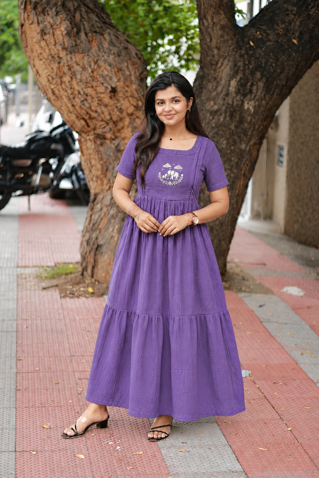 Muslin Cotton Maternity Feeding Dress – Purple | Double Side Nursing Zip( elephant embroidery Design)