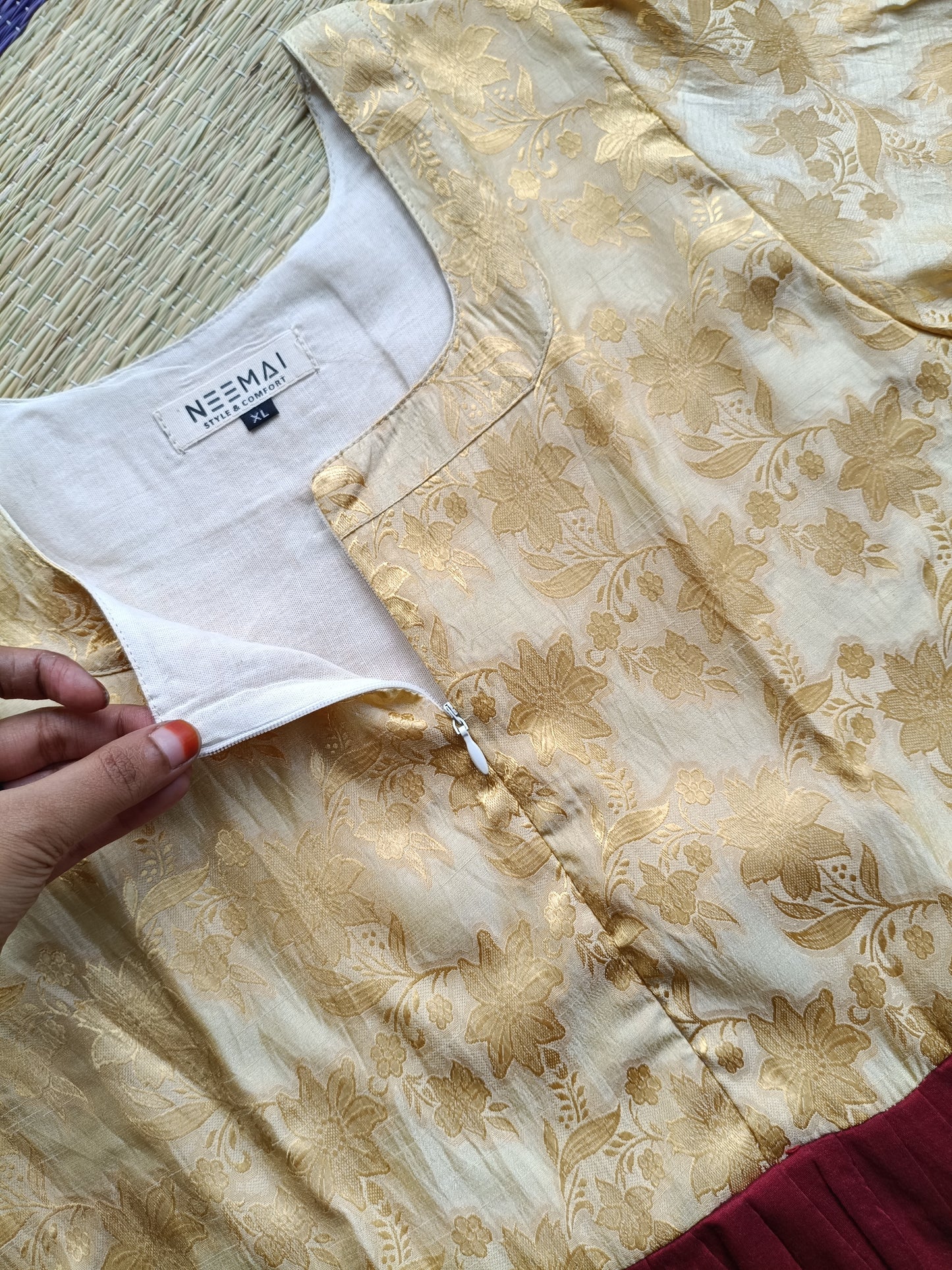 Raw silk Maternity Maxi/Gown in center zip - Festival Collection- Full cotton lining - Gold  with maroon