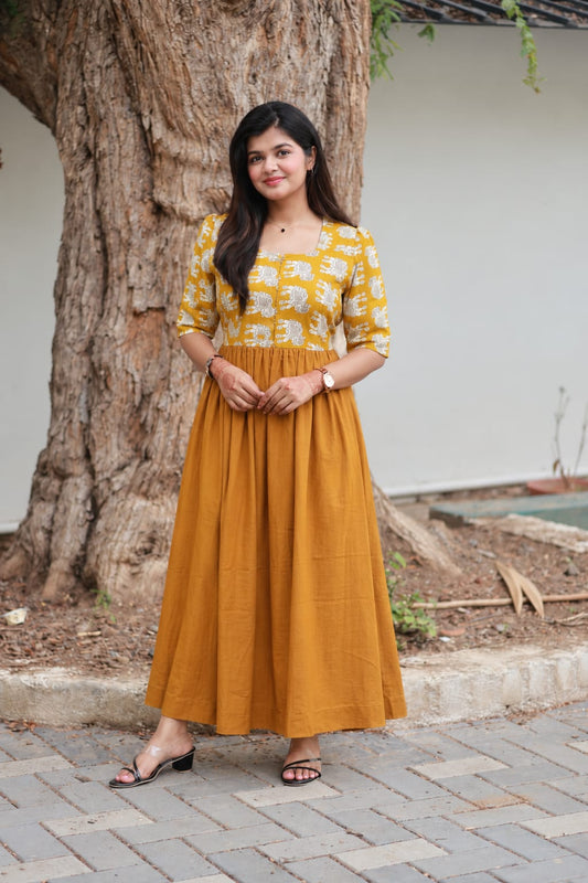 Cotton / Raw silk Maternity Maxi/Gown in center zip - Festival Collection- Full cotton lining - Honey  with yellow pichwai