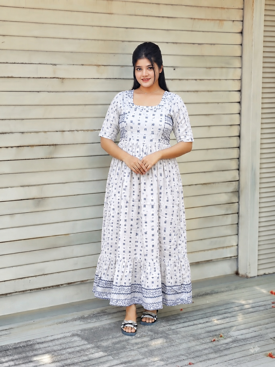Premium  Muslin- Feeding/ Maternity Maxi/Gown - Cotton lining  / Double side zip  -White with blue flower