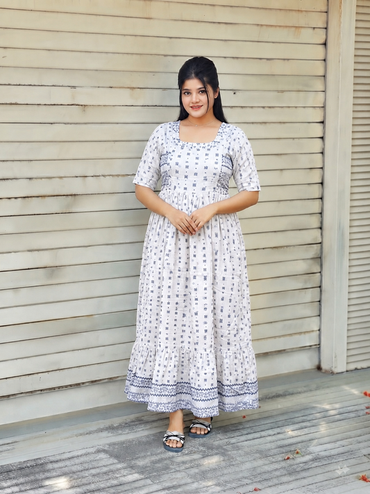 Premium  Muslin- Feeding/ Maternity Maxi/Gown - Cotton lining  / Double side zip  -White with blue flower