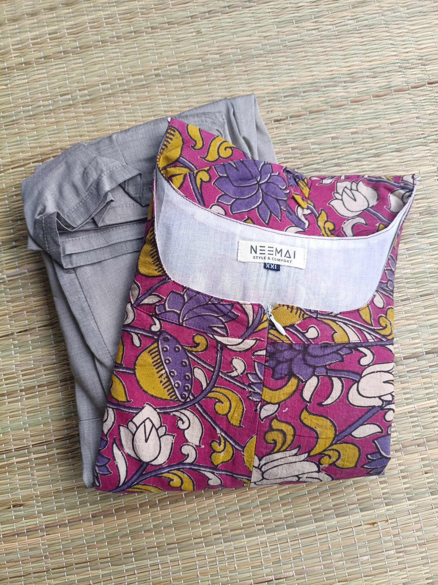 Cotton / Raw silk Maternity Maxi/Gown in center zip - Festival Collection- Full cotton lining - Silver  with violet flower