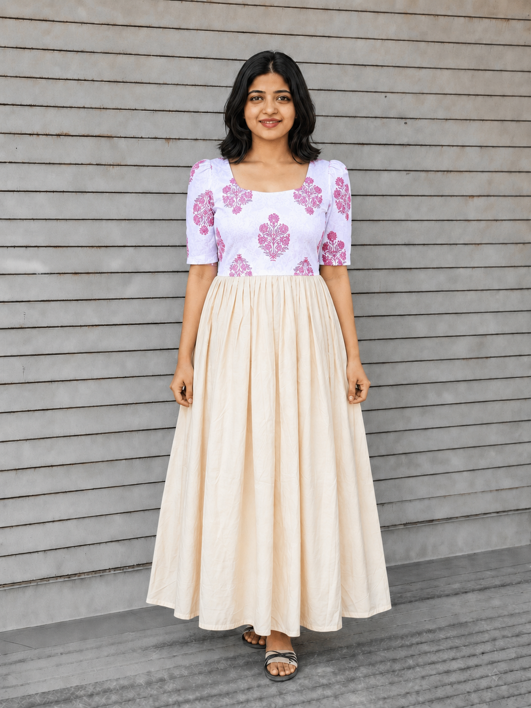 Cotton / Raw silk Maternity Maxi/Gown in center zip - Festival Collection- Full cotton lining - white with pink flower