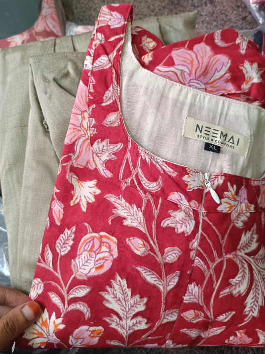 Cotton / Raw silk Maternity Maxi/Gown in center zip - Festival Collection- Full cotton lining - silver with red leaf