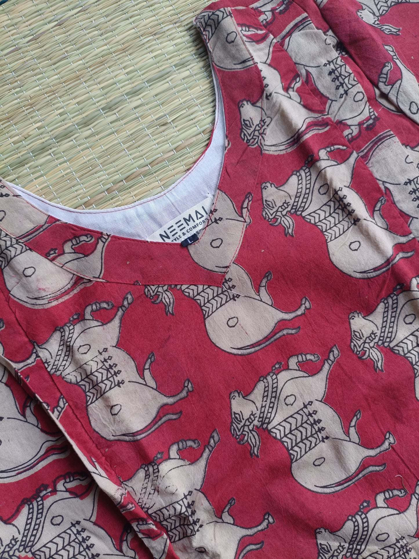 Block printed kalamkari cotton Maternity 2 pc chudidhar set [ Top with double side zip, and dupatta - Red pichwai