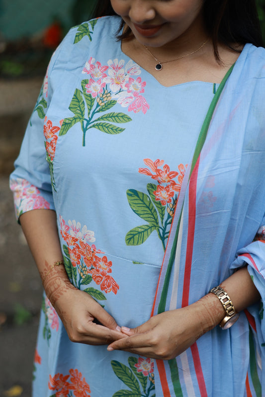 Cotton /Maternity 3 pc chudidhar set [ A line Top with double side zip, pant and dupatta] -Blue with orange flower ( No side open top)