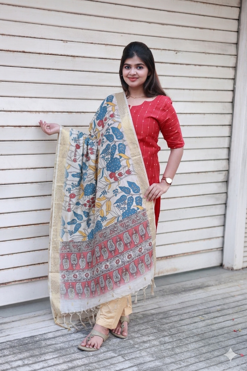 Raw silk Maternity 3 pc  festival kurti  set [ Top with center zip, pant and dupatta] -  Red