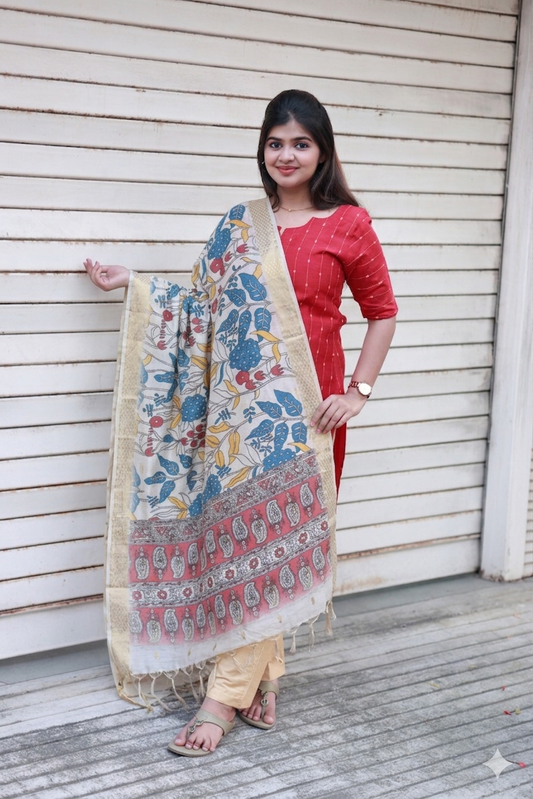 Raw silk Maternity 3 pc  festival kurti  set [ Top with center zip, pant and dupatta] -  Red