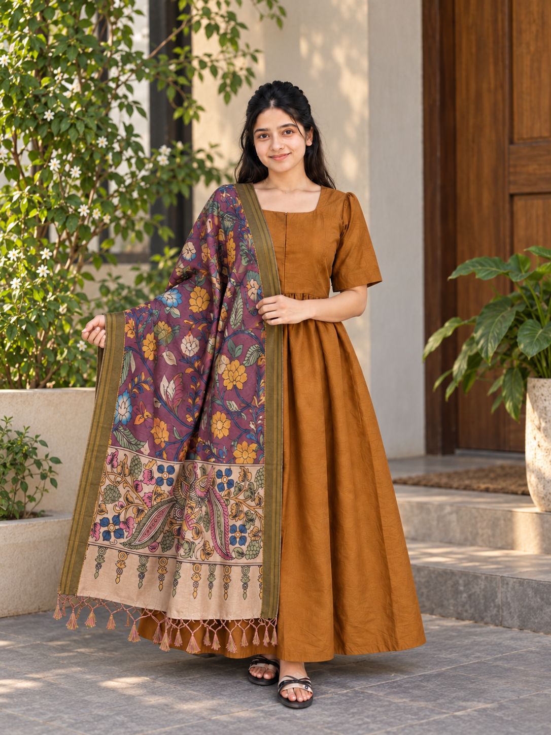 Butter silk 2 pc set -Maternity Maxi/Gown - Festival Collection -Full cotton lining-Center zip with dupatta- Honey