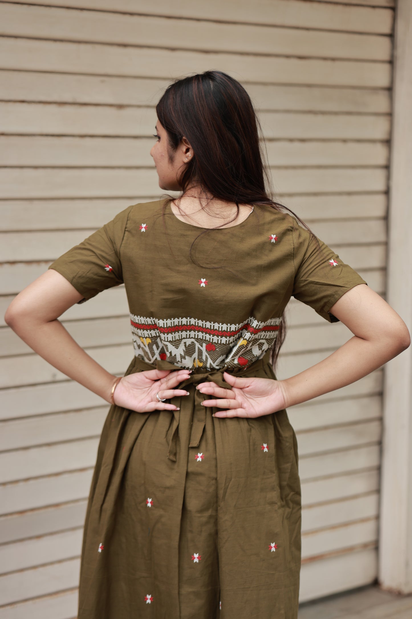 Handloom Jamdani - Maternity / Feeding - Maxi/Gown - Full Cotton Lining - Double side Zips - olive green