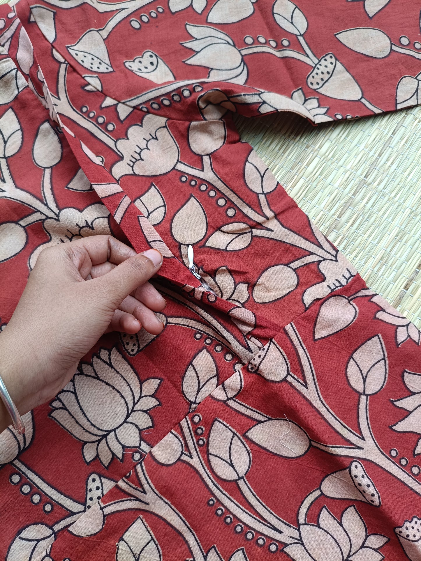 Block printed kalamkari cotton Maternity 2 pc chudidhar set [ Top with double side zip, and dupatta - Red flower