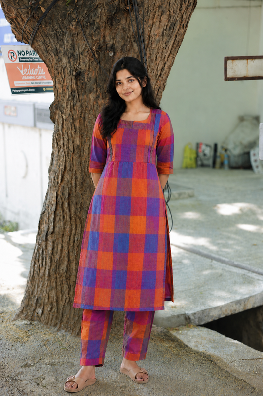Madras check/ cotton Maternity 2 pc Coordset [ Top with double side zip, and Pant- blue and pink