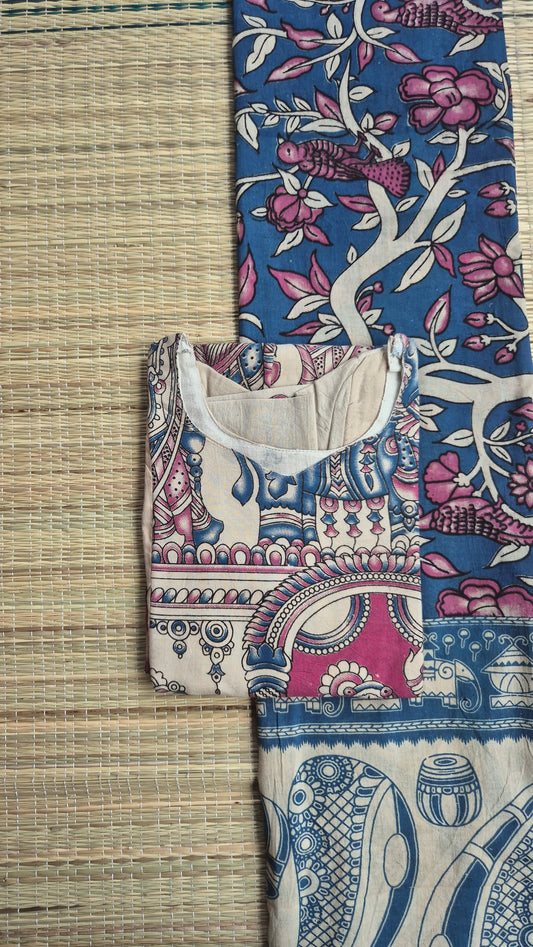 Block printed kalamkari cotton Maternity 2 pc chudidhar set [ Top with double side zip, and dupatta - Pink and blue