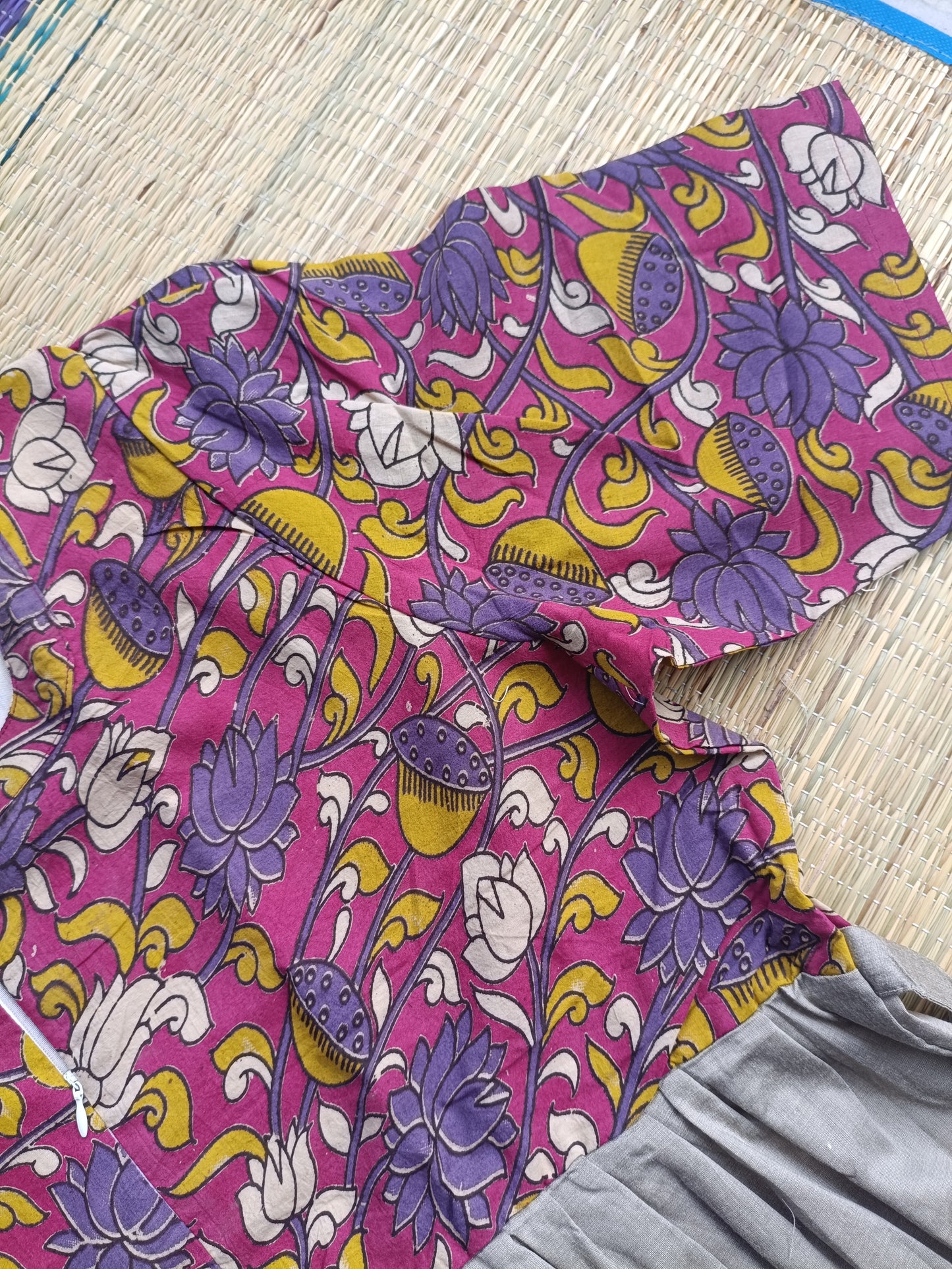 Cotton / Raw silk Maternity Maxi/Gown in center zip - Festival Collection- Full cotton lining - Silver  with violet flower