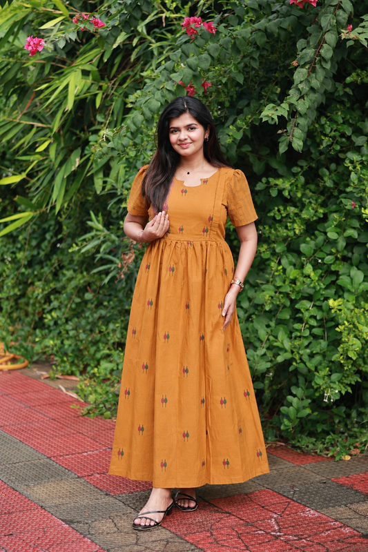 Handloom Cotton Maternity Feeding Gown/ maxi/ Double side zip– Drak yellow  and red,green butta