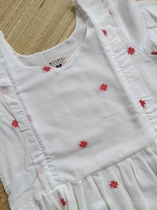 Handloom Jamdani - Maternity / Feeding - Maxi/Gown - Cotton Lining - Double side Zips - White and Red Butta