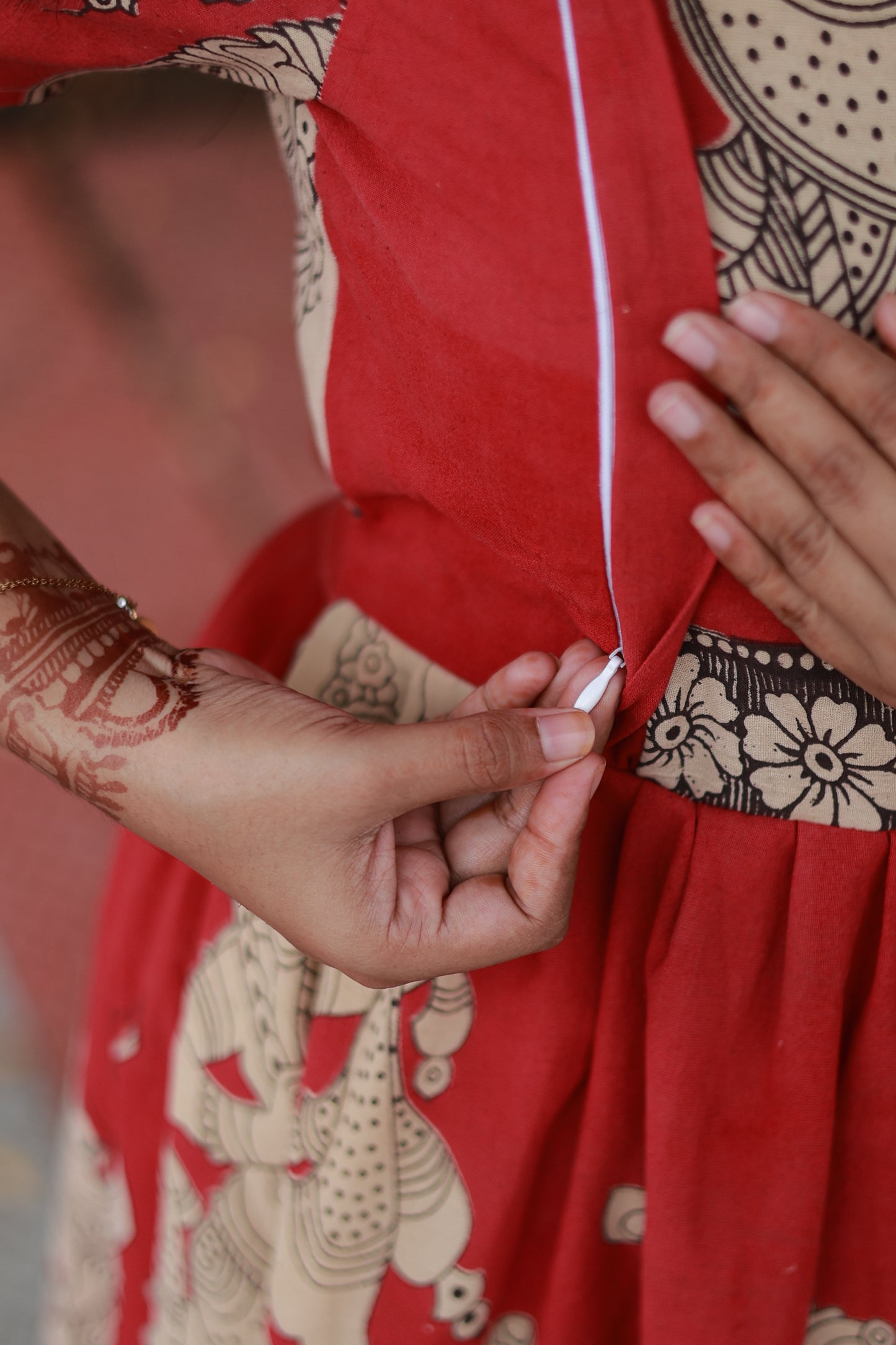 Kalamkari cotton- Feeding/ Maternity Maxi/Gown - Cotton lining  / Double side zip- Red with sandal