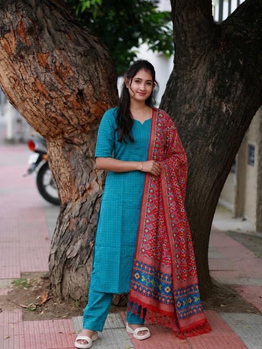 Maternity 3 pc chudidhar set [ Top with center zip, pant and dupatta] - Blue checks