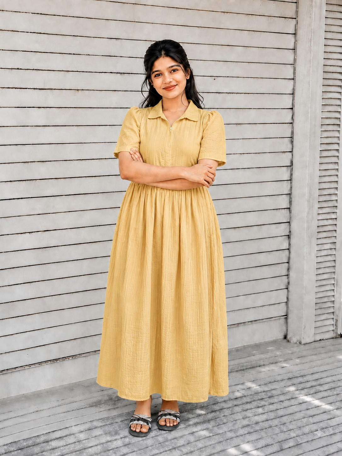 Premium Muslin - Feeding/ Maternity Maxi/Gown - Cotton lining with Center zip -Collar yellow