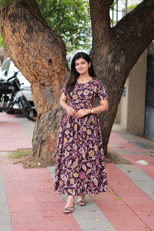 Kalamkari Cotton Maternity Feeding Gown/ Maxi / Double side zip– Plum flower
