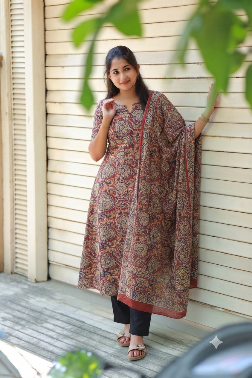 Block printed kalamkari cotton Maternity 2 pc chudidhar set [ Top with center side zip, and dupatta - Leaf red kalamkari (A line top)