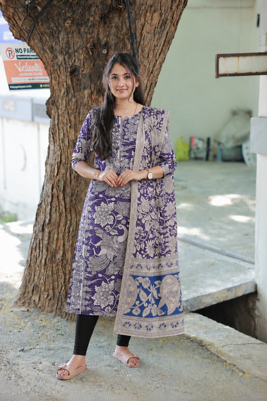 Block printed kalamkari cotton Maternity 2 pc chudidhar set [ Top with double side zip, and dupatta - Violet and sandal flower