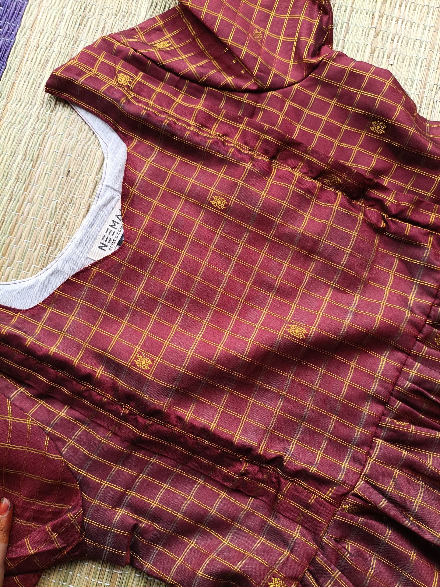 Raw silk Maternity Maxi/Gown - Festival Collection - Chettinad Marron checks