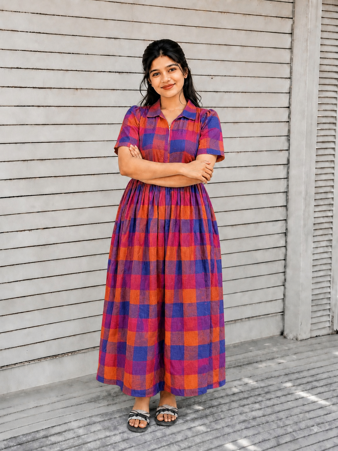 Madras checks Cotton - Feeding/ Maternity Maxi/Gown - Cotton lining /Center zip -Collar  Pink and blue checks