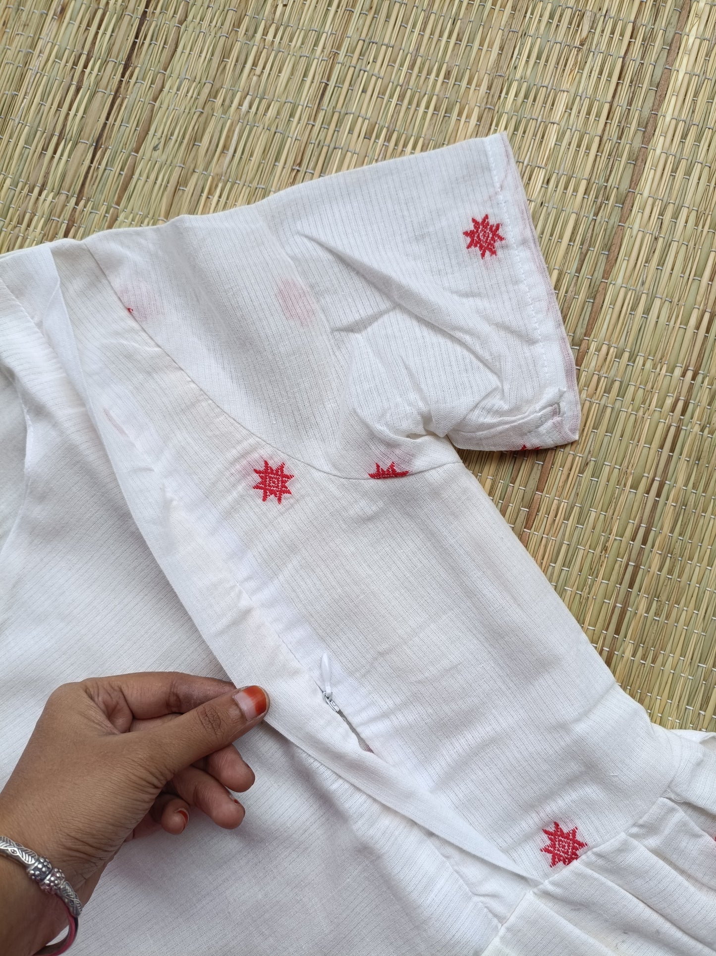 Handloom Jamdani - Maternity / Feeding - Maxi/Gown - Cotton Lining - Double side Zips - White and Red Butta