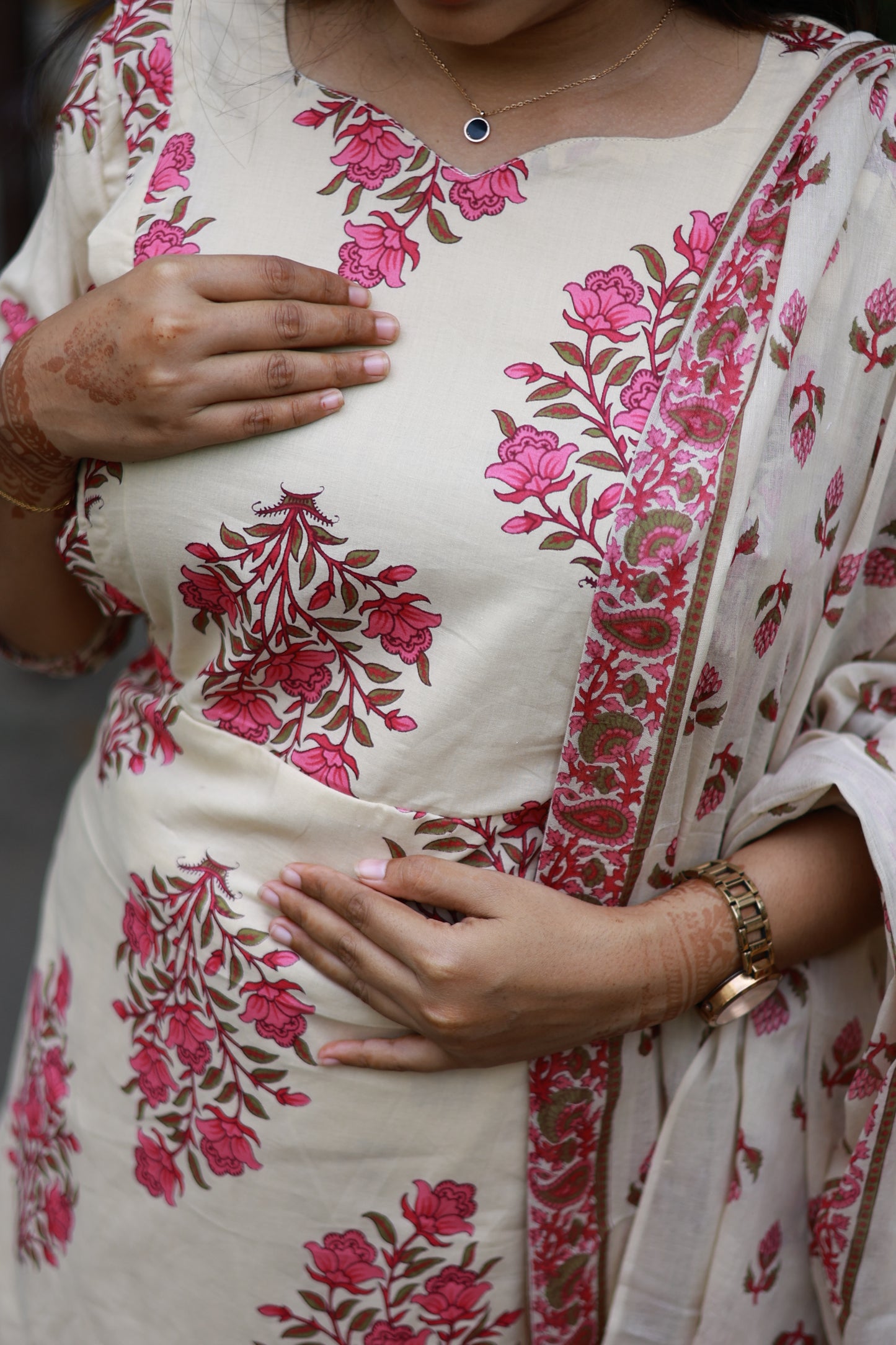Cotton /Maternity 3 pc chudidhar set [ A line Top with double side zip, pant and dupatta] -Sandal  with pink flower ( No side open top)