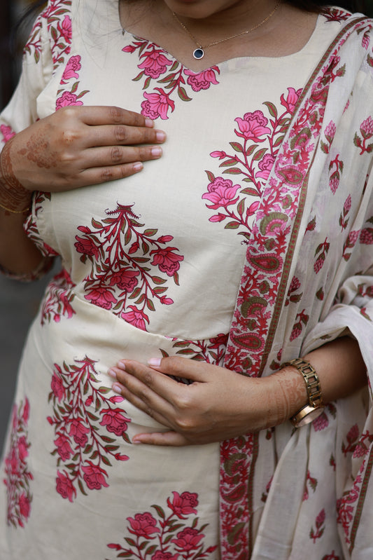 Cotton /Maternity 3 pc chudidhar set [ A line Top with double side zip, pant and dupatta] -Sandal  with pink flower ( No side open top)
