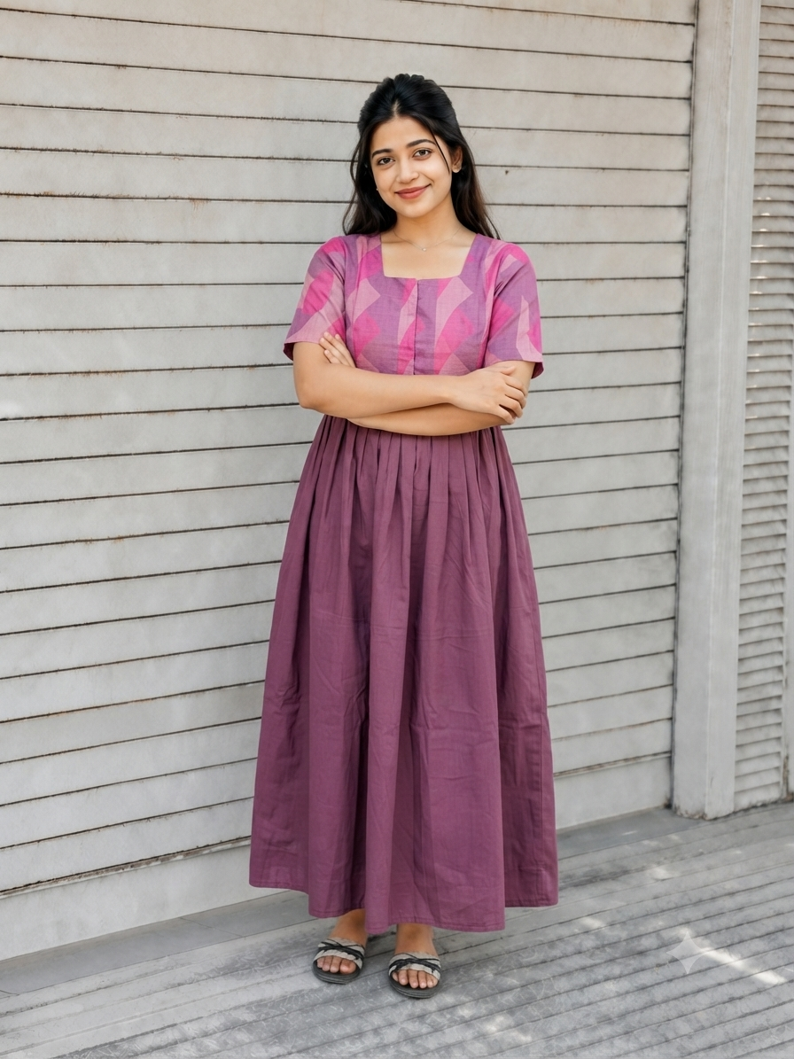 Raw silk Maternity Maxi/Gown in center zip - Festival Collection- Full cotton lining -pink with rose