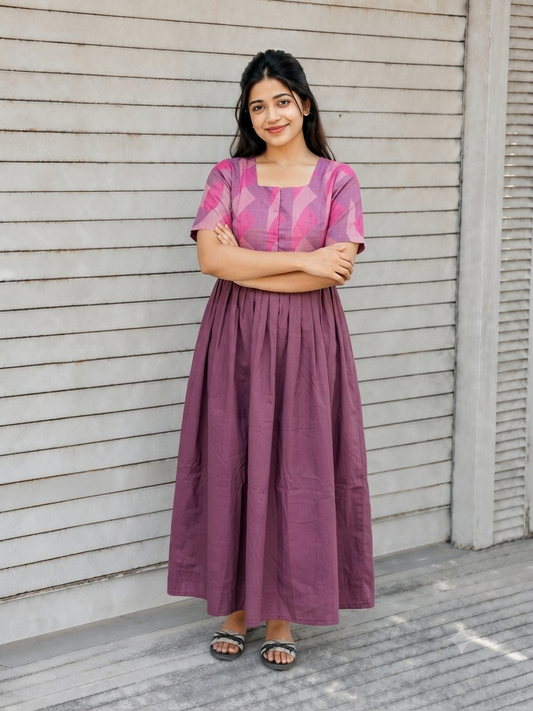 Raw silk Maternity Maxi/Gown in center zip - Festival Collection- Full cotton lining -pink with rose