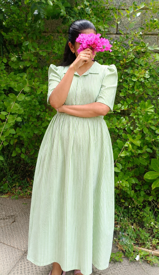 Popcorn Cotton - Feeding/ Maternity Maxi/Gown - Cotton lining /Center zip -Collar White with Green stripe