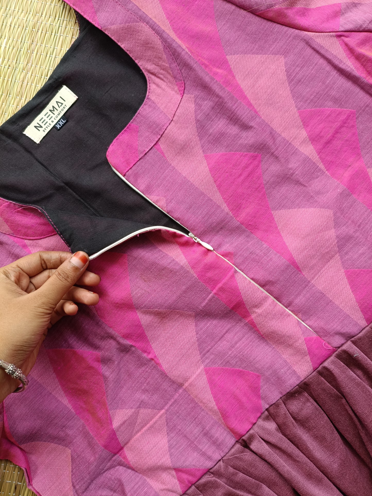 Raw silk Maternity Maxi/Gown in center zip - Festival Collection- Full cotton lining -pink with rose