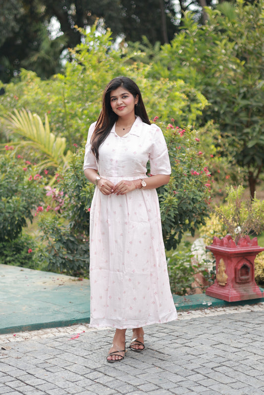 Premium Muslin - Feeding/ Maternity Maxi/Gown - Cotton lining with Center zip -Collar light pink