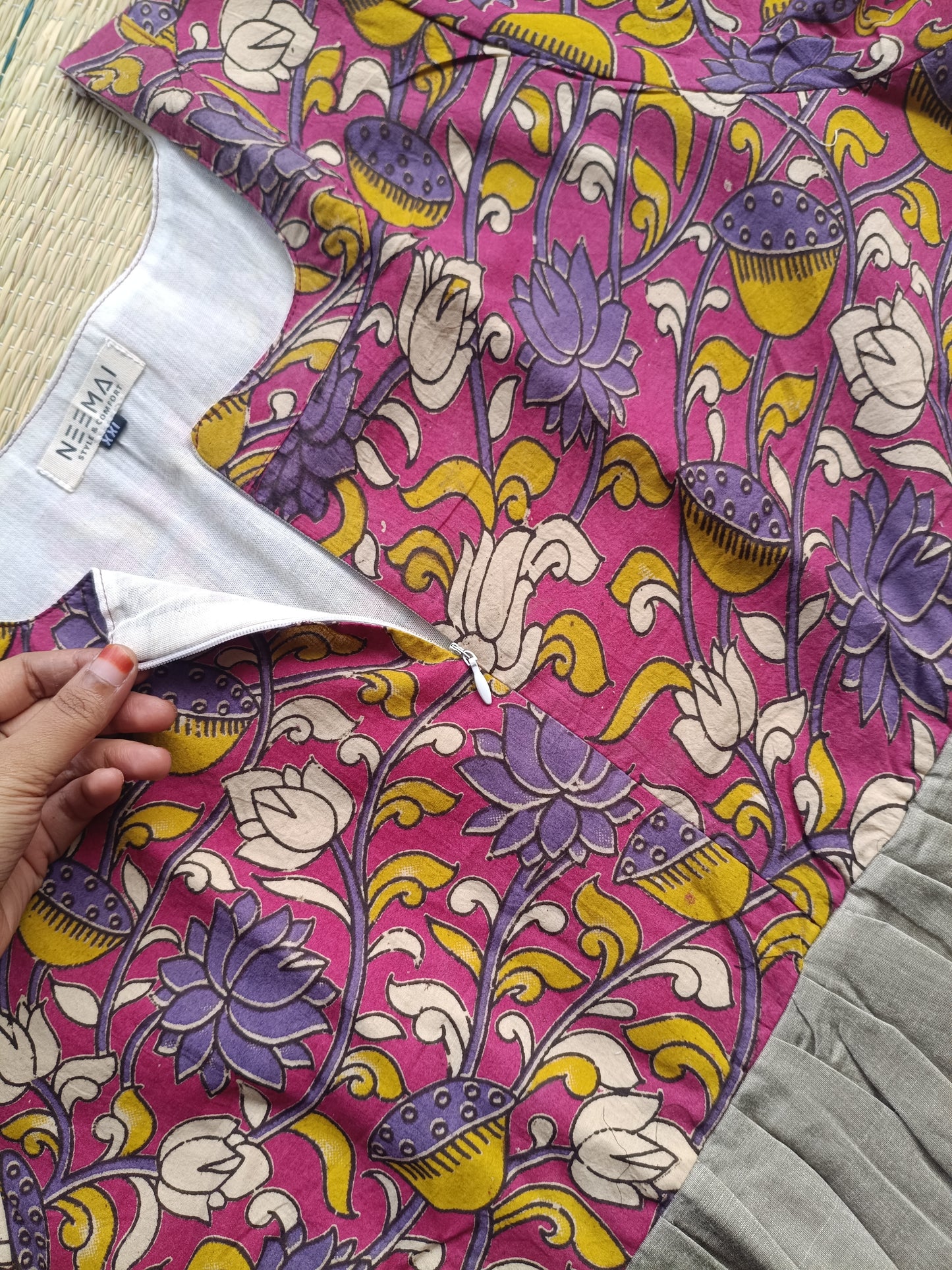 Cotton / Raw silk Maternity Maxi/Gown in center zip - Festival Collection- Full cotton lining - Silver  with violet flower