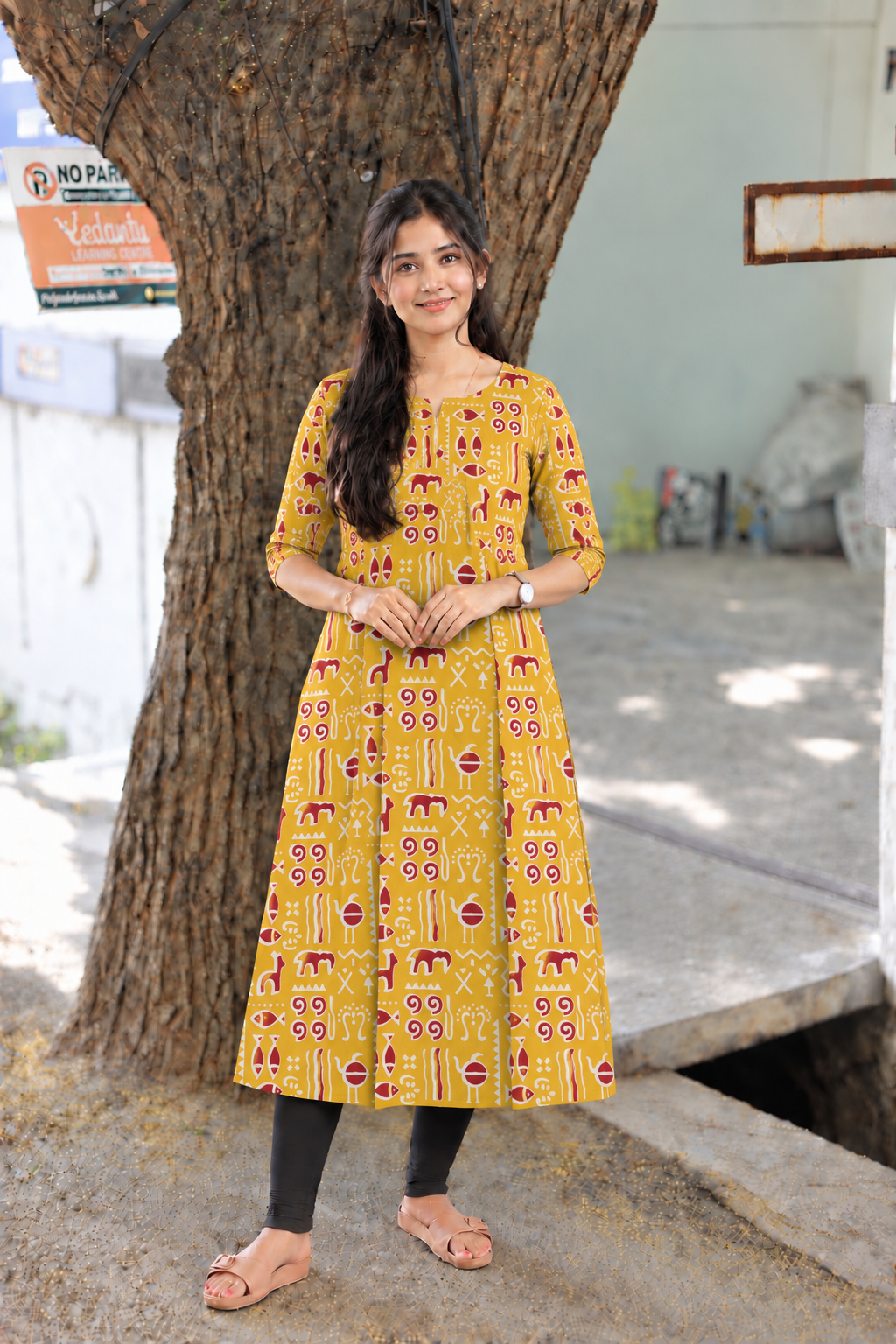 Block printed kalamkari cotton Maternity 2 pc chudidhar set [ Top with double side zip, and dupatta - Yellow fish