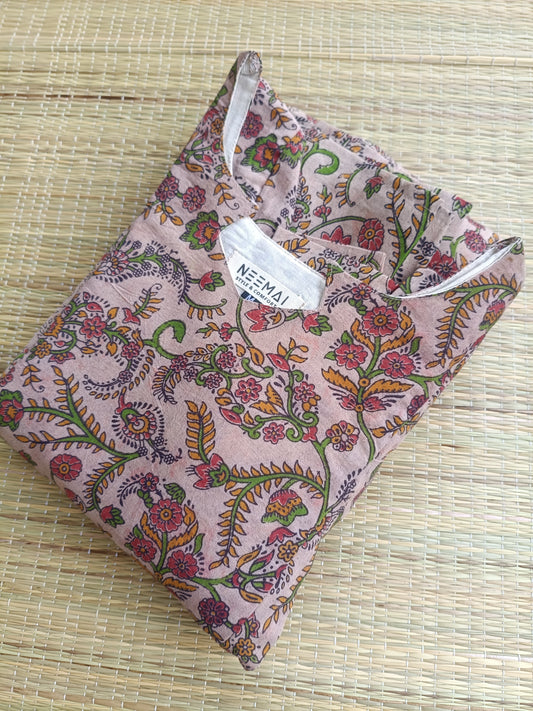 Kalamkari Cotton Maternity Feeding Gown/ Maxi /Double Side Zip-  Mini red flower