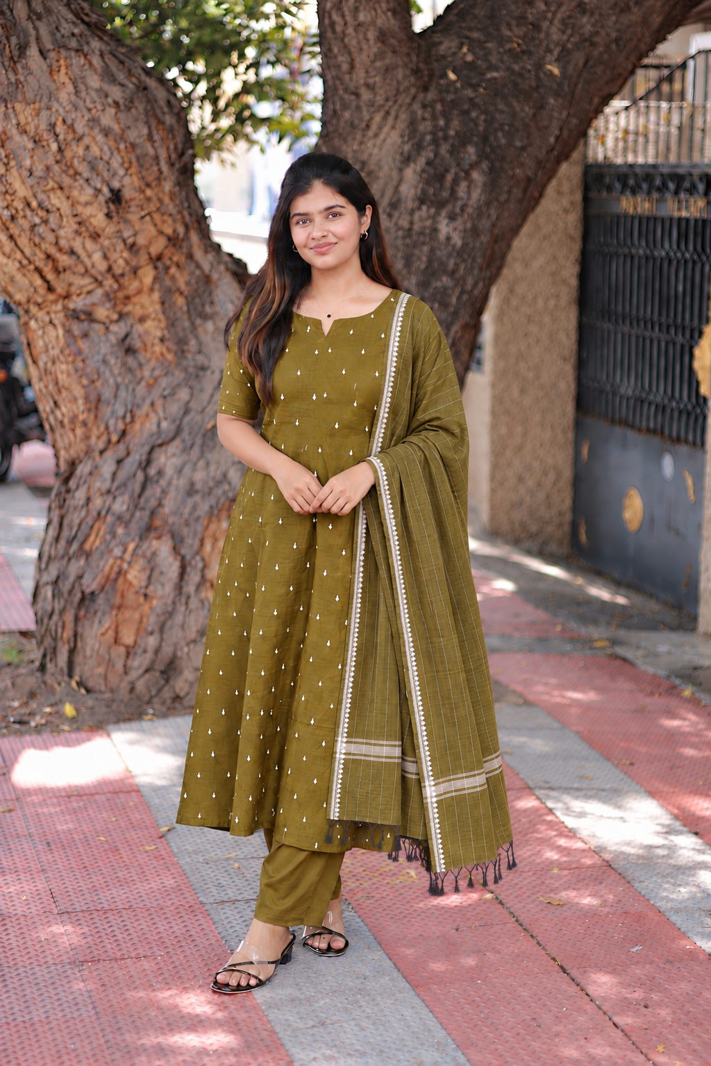 Raw Silk Maternity 3 Pc Chudidhar Set – Olive (Center Zip, No Side Top)
