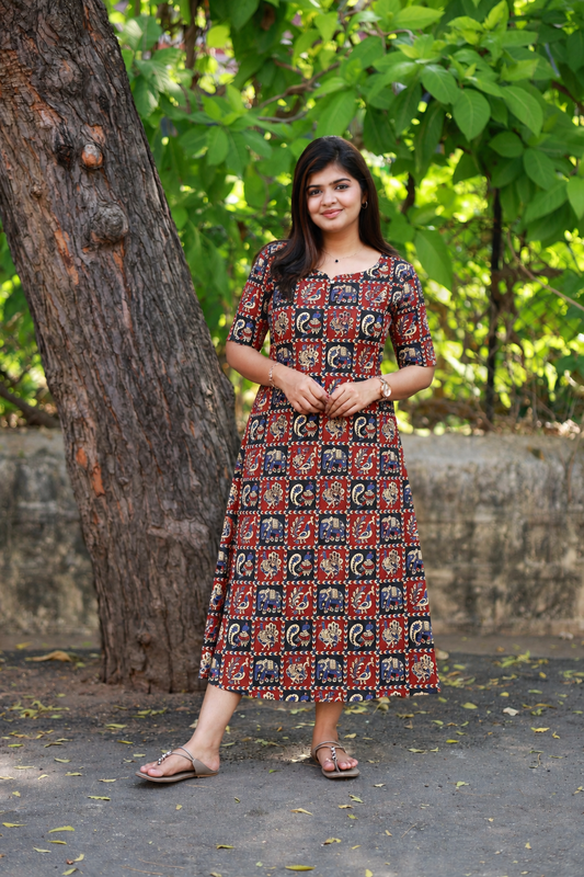 Kalamkari Cotton  A line Maternity Feeding Kurti /Center Zip(Dress length 45 inches)- Peacock Box