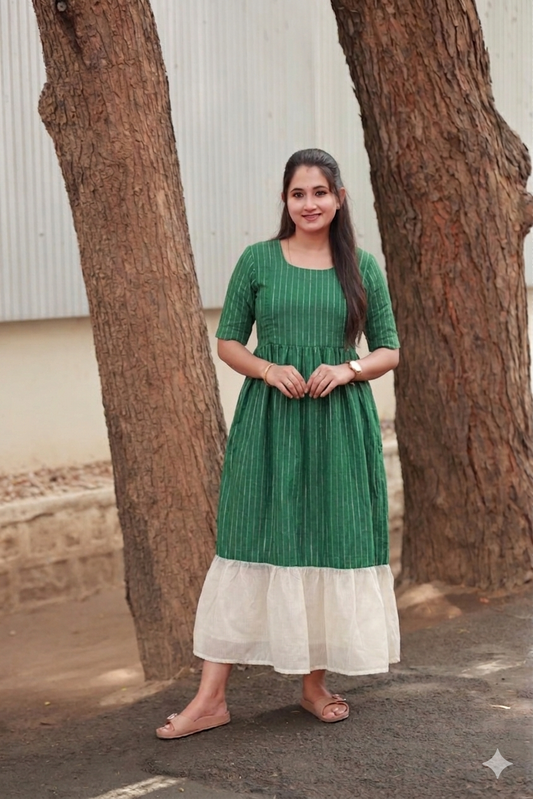 Cotton - Feeding/ Maternity Maxi/Gown - Cotton lining /Double side zip - Green line